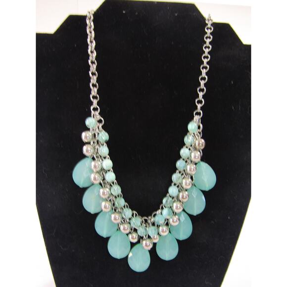 Light Green Silver Tone Chain Bead Necklace 24" VTG Cottagecore Statement Boho - Picture 1 of 5